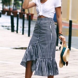RARE Free People Asymmetrical Gingham Black White Ruffle Hem Skirt Size M